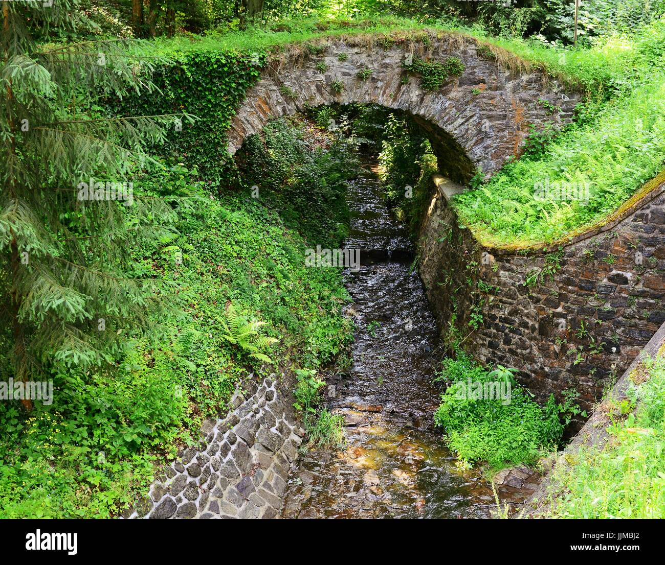 Wild arroyo que fluye bajo un antiguo puente de piedra en la naturaleza. Foto de stock