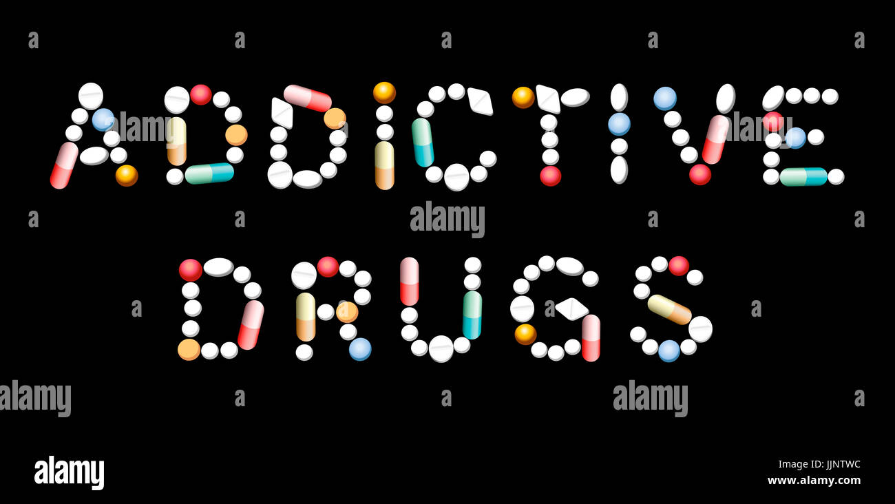 Las drogas adictivas escrito con píldoras, tabletas y cápsulas. Foto de stock