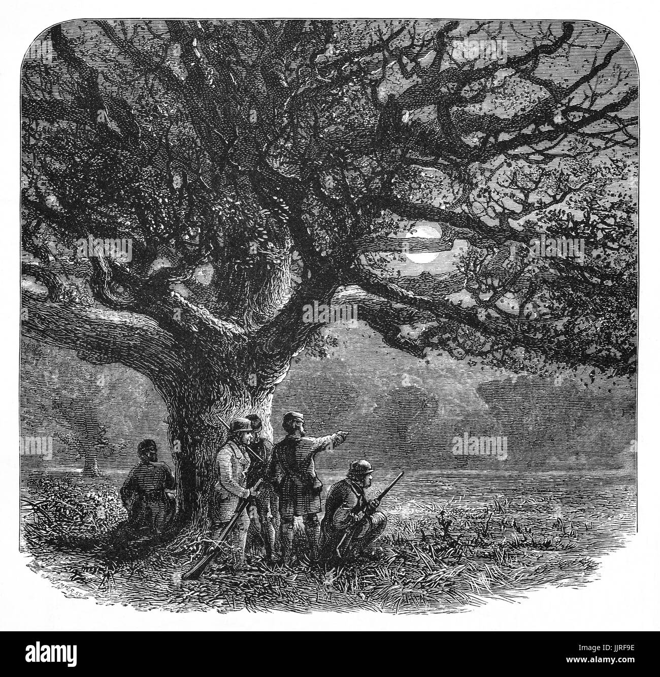 1870: Cazadores al borde de Virginia Water, creada originalmente como parte de la tierra de placer real, Windsor Great Park, Berkshire, Inglaterra Foto de stock