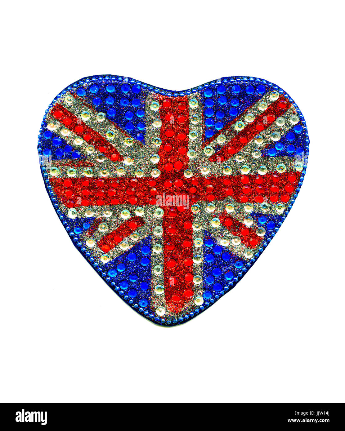 UNION JACK HEART LOVE BREXIT reflectante en forma de corazón bandera Union Jack espumoso motif sobre fondo blanco de corte Foto de stock