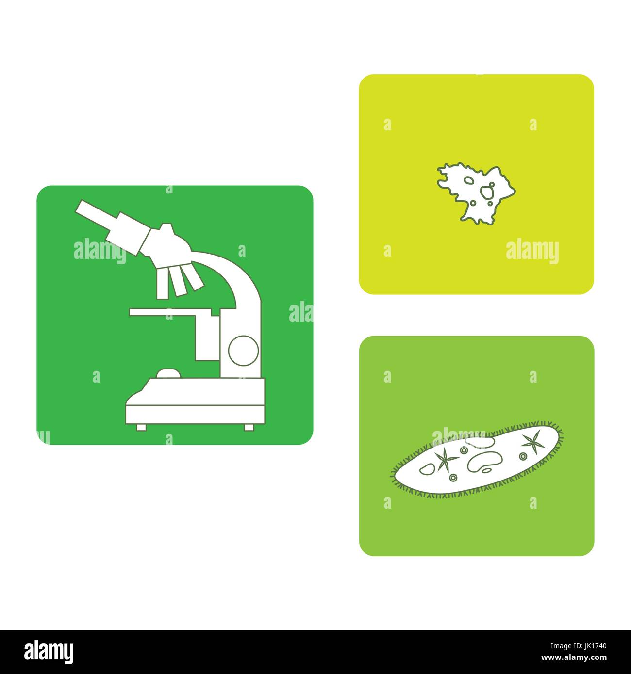 Iconos estilizados de microscopio, ameba, ciliados-zapatilla. Dispositivo de aumento signo. Símbolo de equipo de laboratorio. Ilustración del Vector