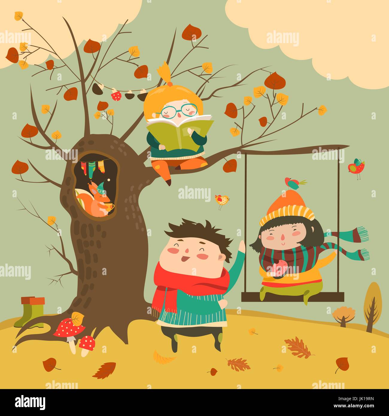Niños felices, paseo en un columpio en el bosque de otoño Ilustración del Vector