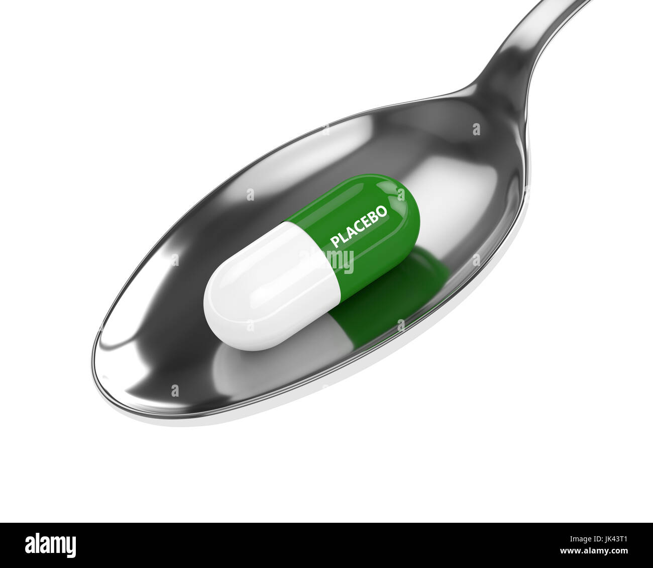 3D Render de píldoras placebo en cuchara aislado sobre fondo blanco. Foto de stock