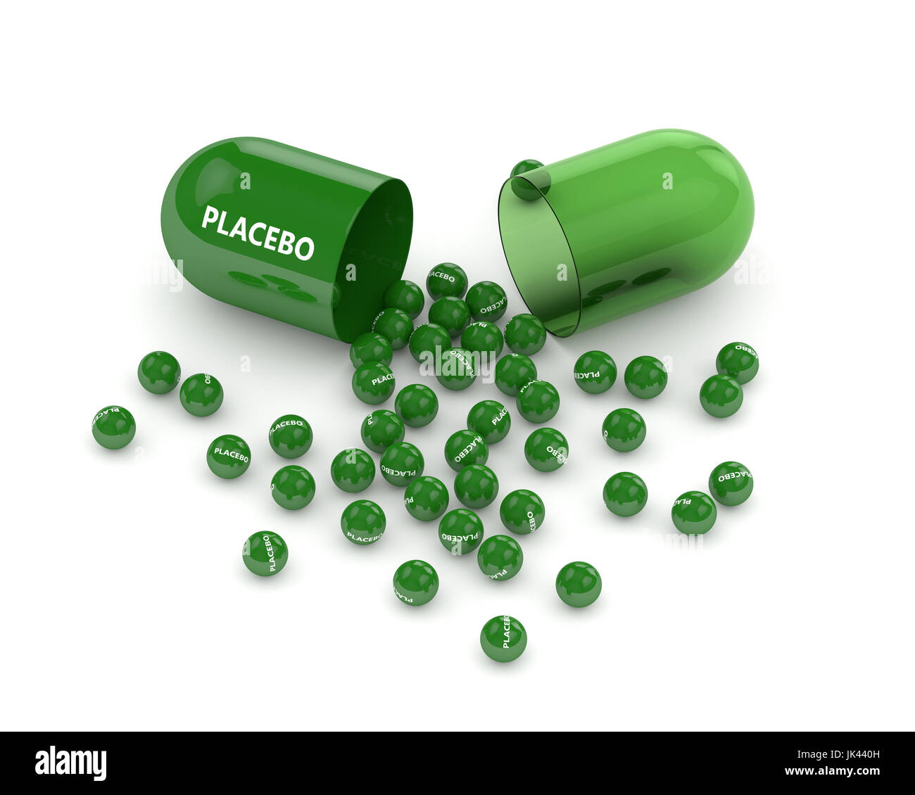 3D Render de píldoras placebo con gránulos aislados sobre fondo blanco. Foto de stock