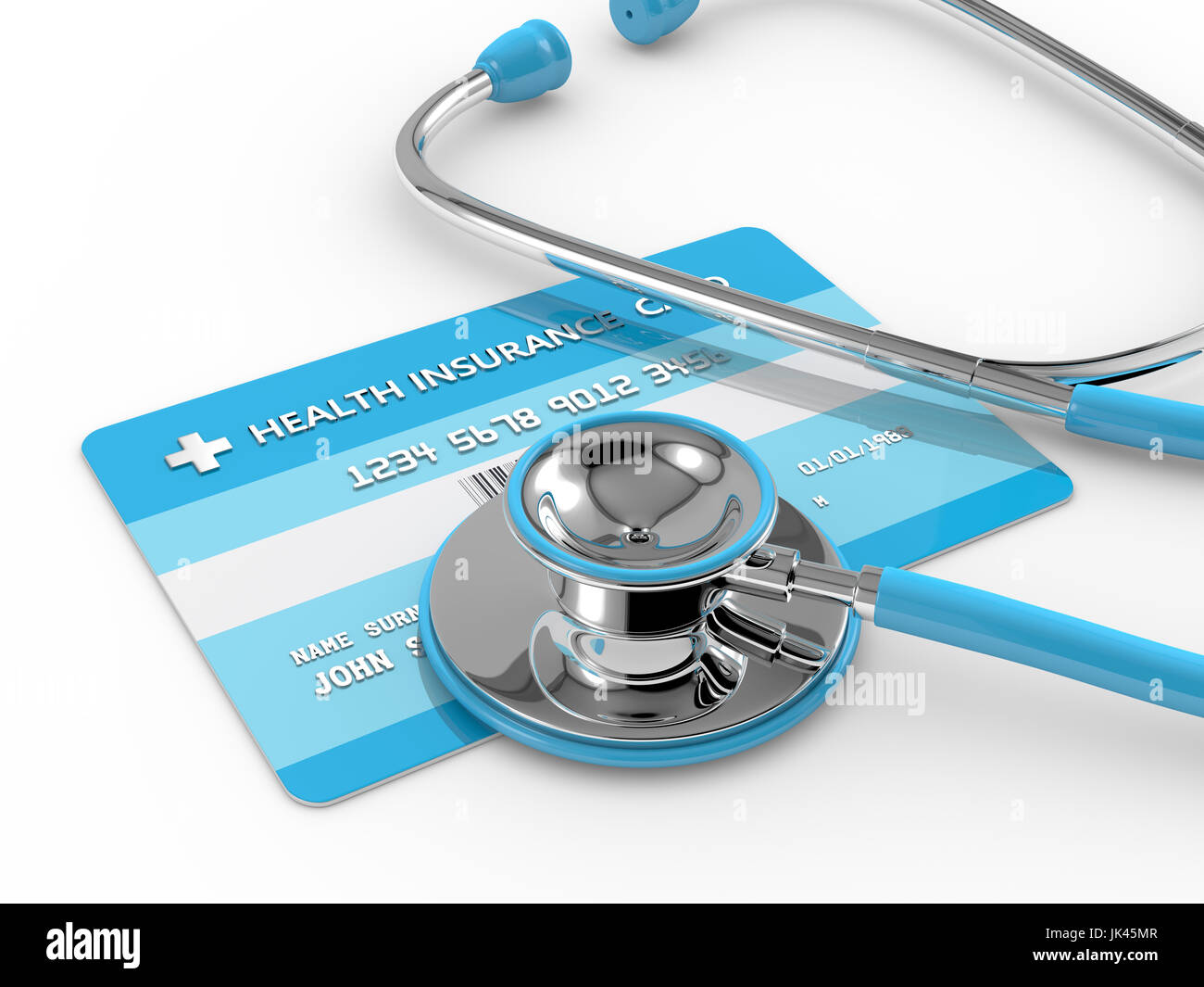 3D Render de tarjeta de seguro de salud con un estetoscopio. Todos los datos personales son ficticios. Foto de stock