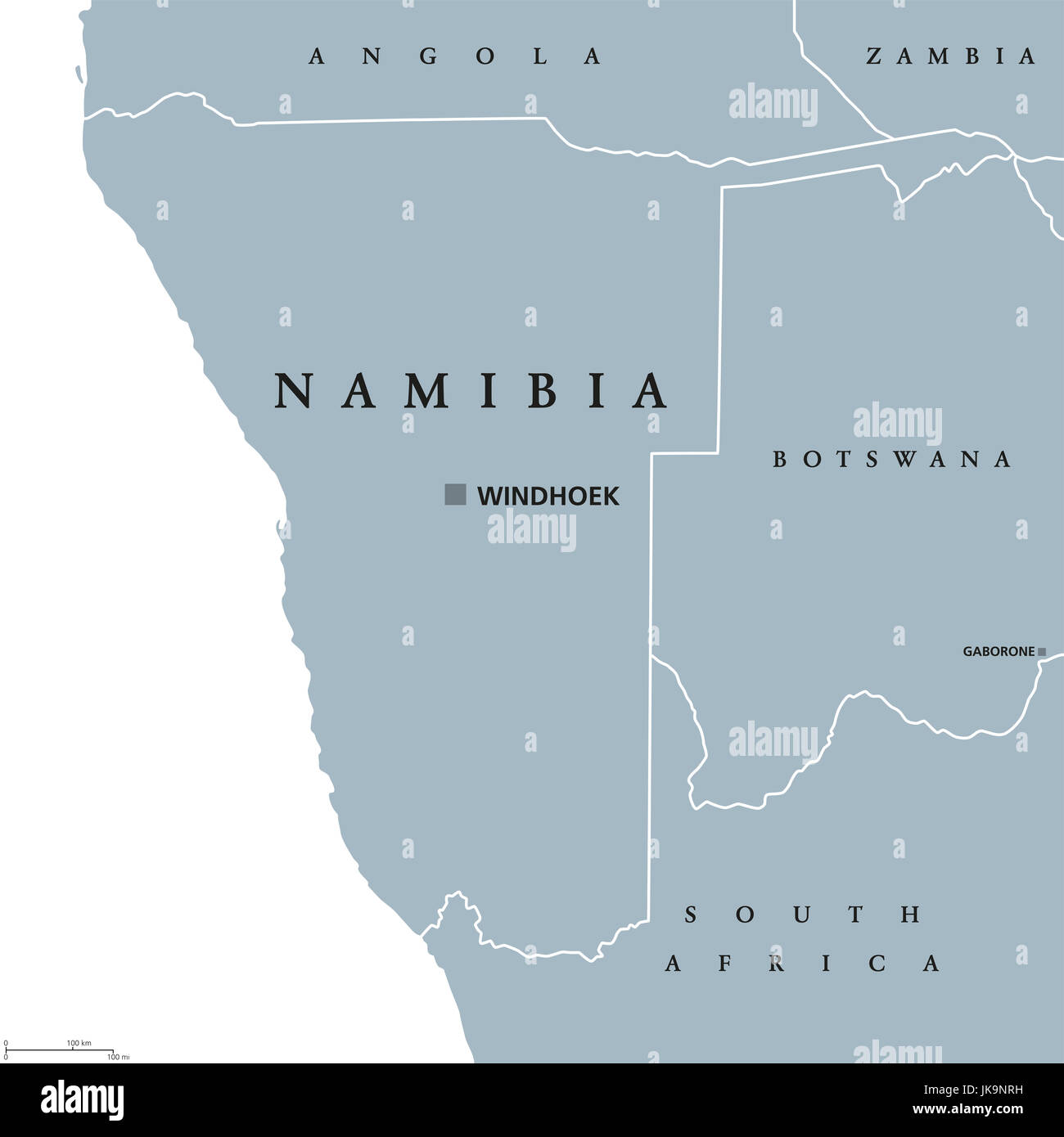 Mapa político con capital de Namibia, Windhoek. República y país en el sur de África, sobre el Océano Atlántico. Ex Africa Sudoccidental alemana. Ilustración. Foto de stock