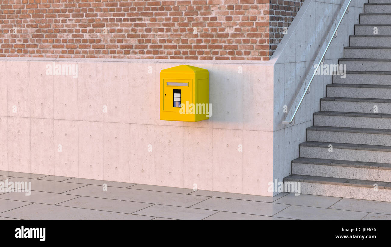 Letter box en muro de hormigón, 3D rendering Foto de stock