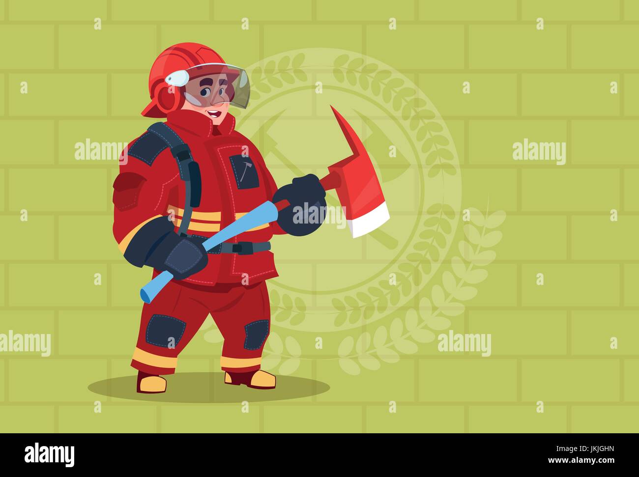Bombero sosteniendo un martillo en uniforme y Casco Bombero adulto Stand  sobre fondo de ladrillo Imagen Vector de stock - Alamy
