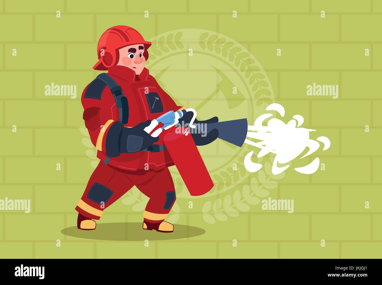 Mantenga el extintor bomberos Uniforme y Casco Bombero adulto Stand sobre  fondo de ladrillo Imagen Vector de stock - Alamy