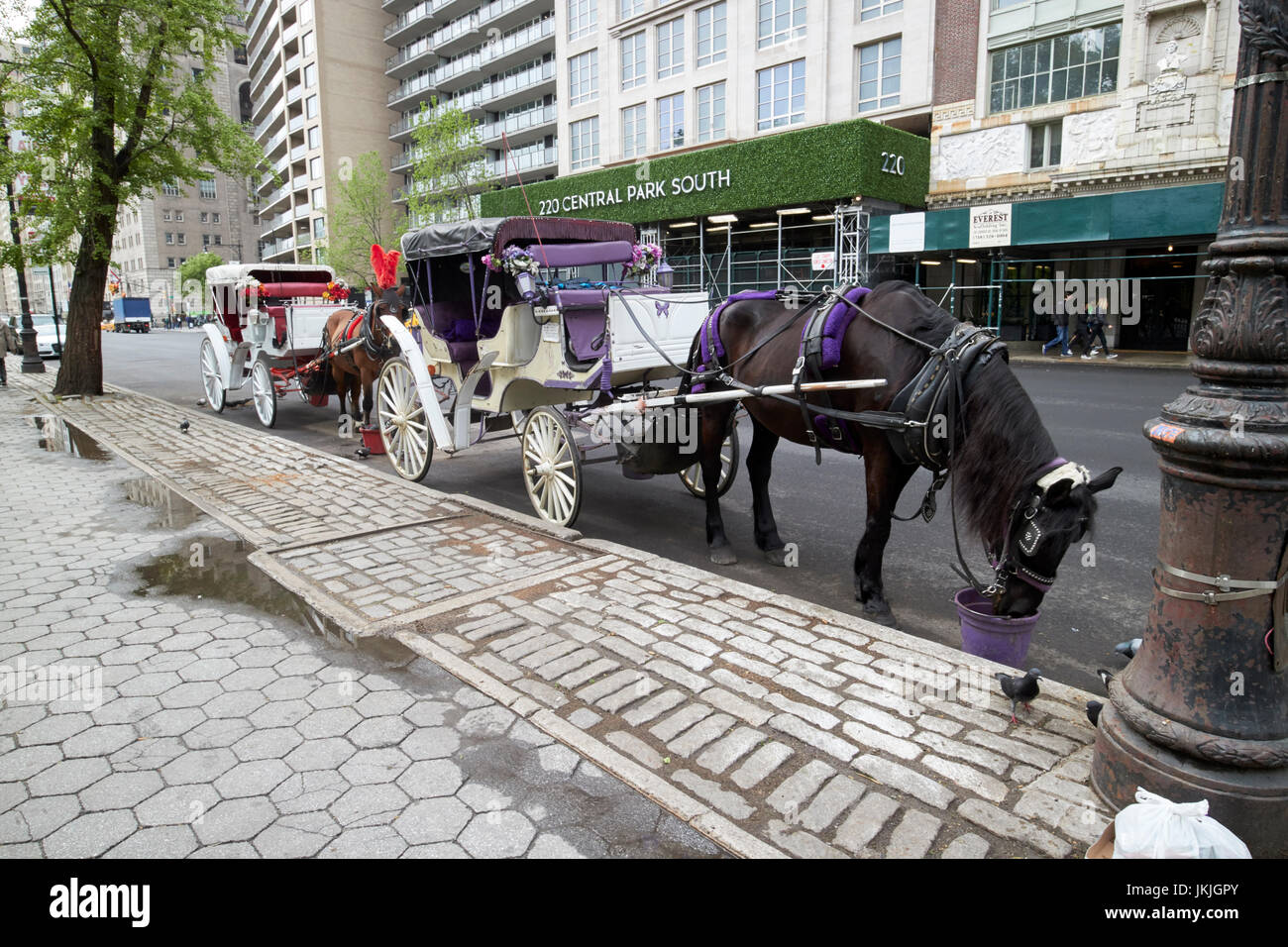 Carruajes de caballos en Central Park South New York City Estados Unidos Foto de stock