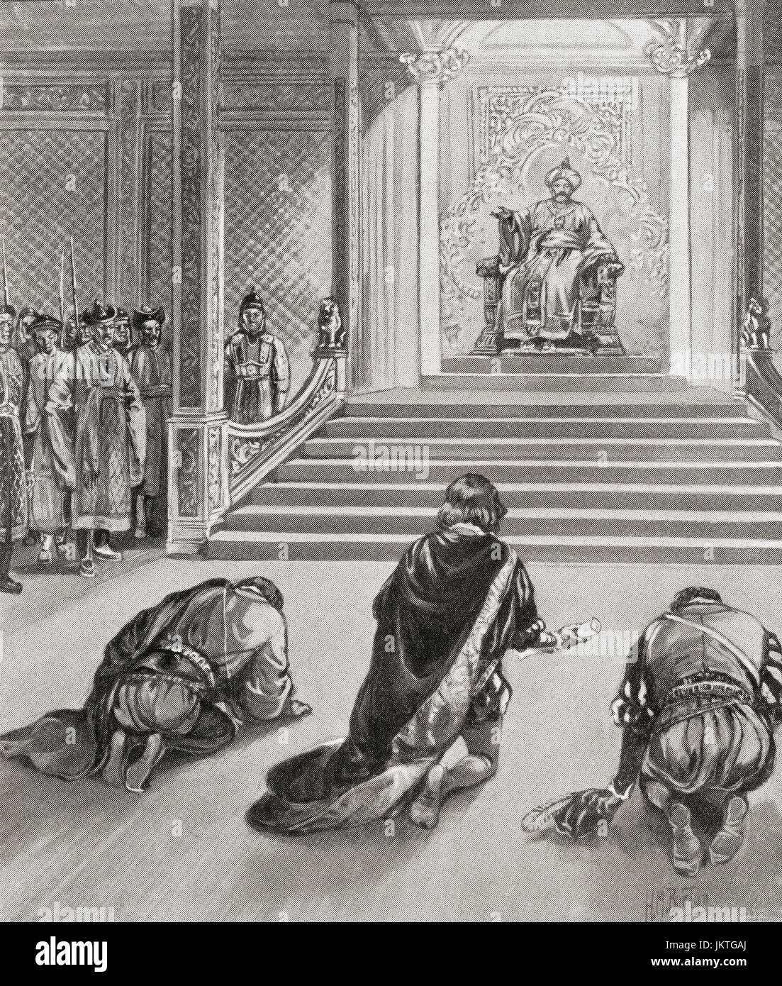 La llegada de Marco Polo en la corte de Kublai Khan, China, c.1274. Marco Polo, 1254 - 1324. Viajero comerciante veneciano. La historia de Hutchinson de las Naciones, publicado en 1915. Foto de stock