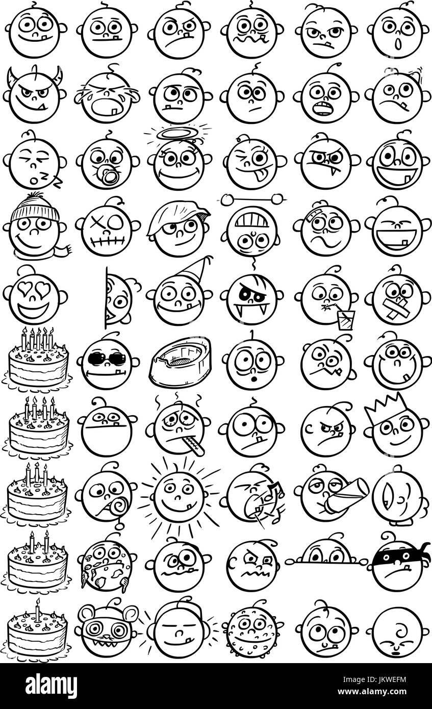 Conjunto de 60 grandes dibujadas a mano bebé caras sonrientes de emoticonos. Ilustración del Vector