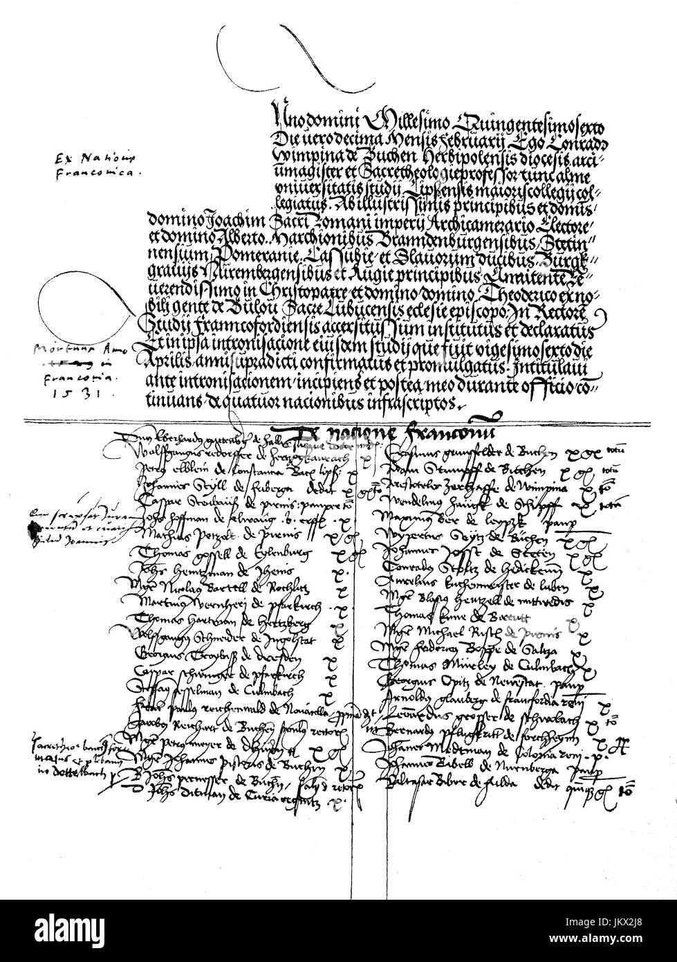 Mejorado: Digital, Facsímil de la primera página del libro, Martikelbuch, de la Universidad de Francfort del Oder, fundada en 1506 por el príncipe elector Jaochim I., Alemania, publicación desde el año 1882 Foto de stock