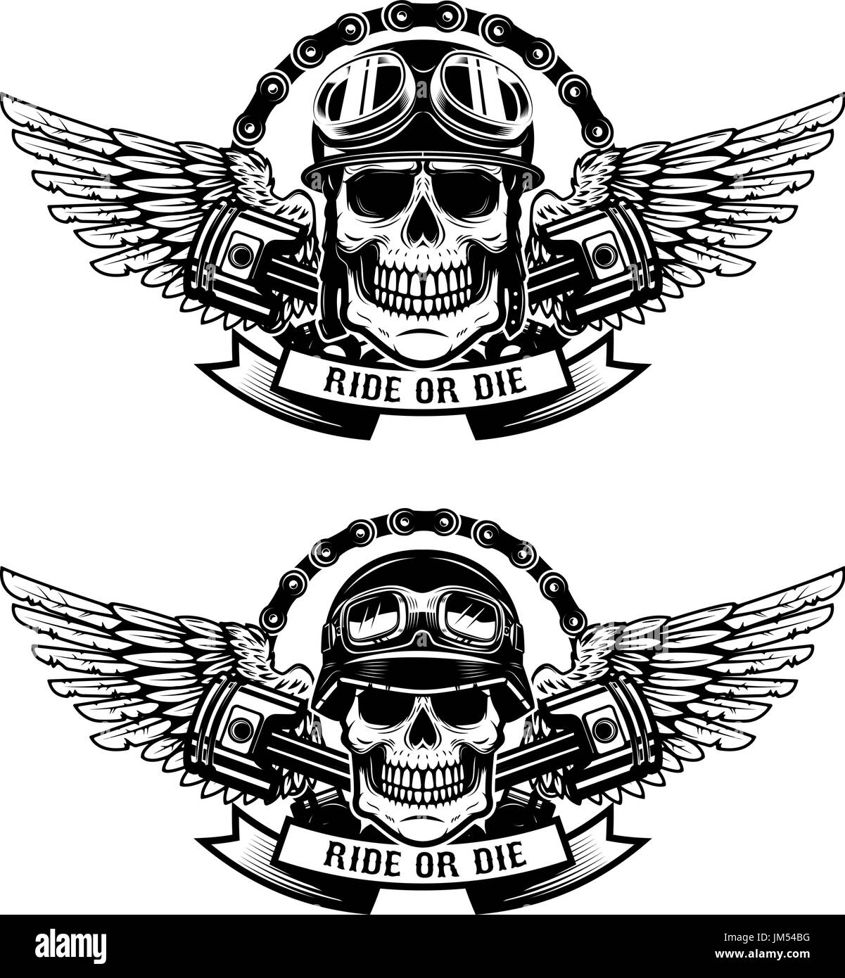 Ride or Die. Conjunto de los cráneos en racer cascos con alas aislado