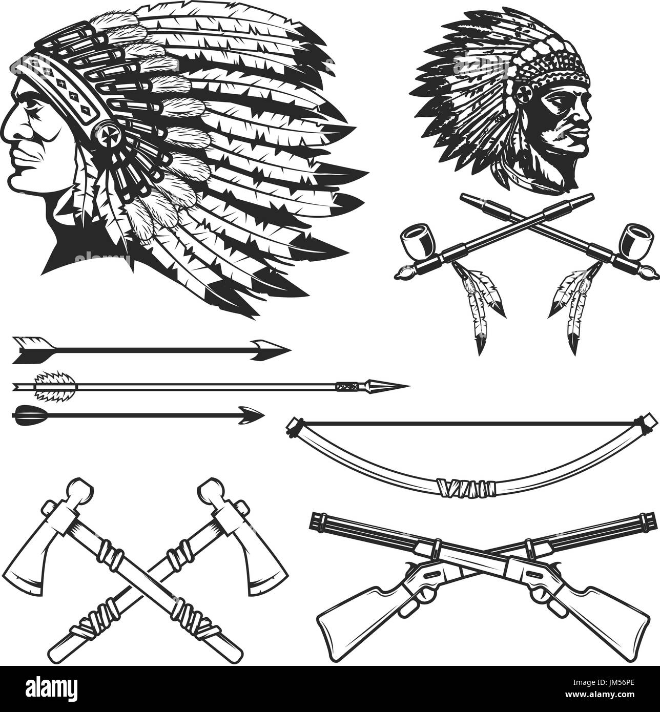 Conjunto de jefes de jefes indios americanos nativos. Los indios