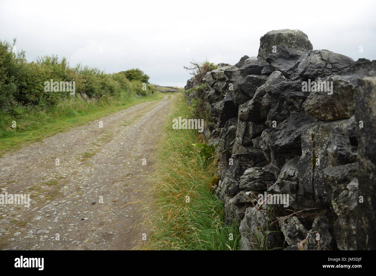 Cerca de una pared de piedra y Country Road en el condado de Clare, al oeste de Irlanda Foto de stock