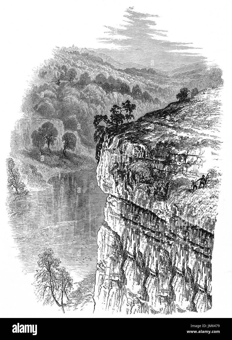 1870: caminantes en acantilados con vistas Lytton o Litton vale en el Peak District de Derbyshire, Inglaterra Foto de stock