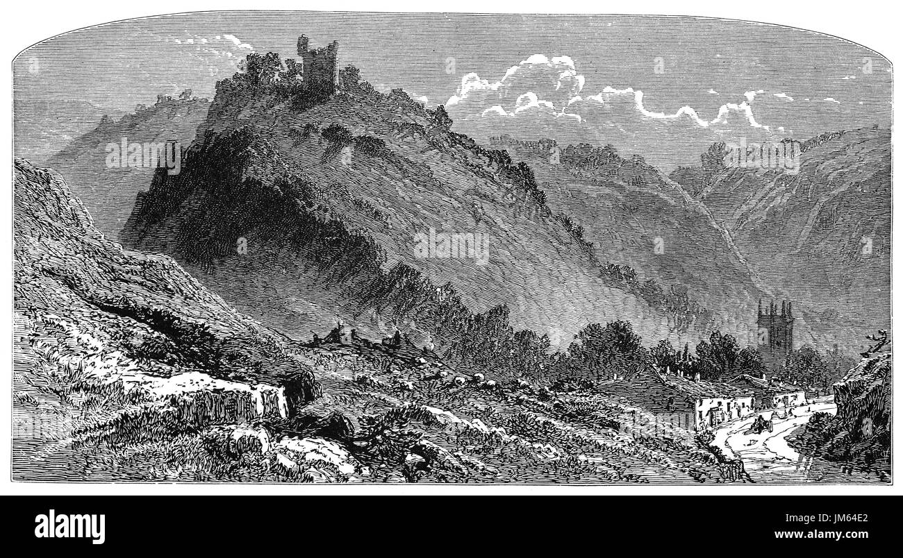 1870: Peveril Castle aka Castleton Castillo y pico es un castillo arruinado Castillo del siglo XI con vistas al pueblo de Castleton en Derbyshire, Inglaterra. Foto de stock