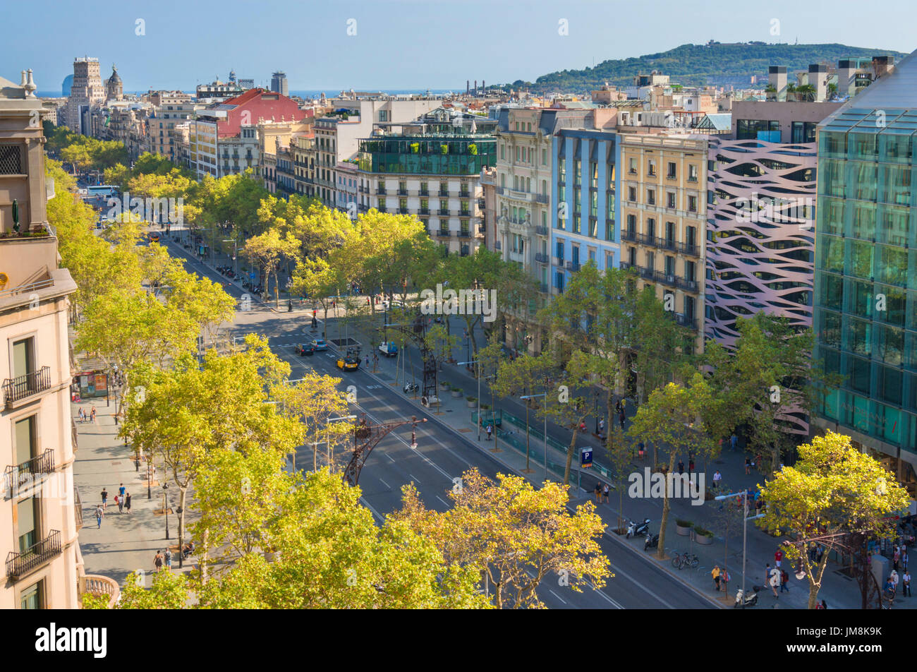 Barcelona España Catalunya ocupado arbolada avenida Passeig de Gràcia Boulevard en el barrio de L'Eixample de Barcelona España ue Europa Cataluña Foto de stock