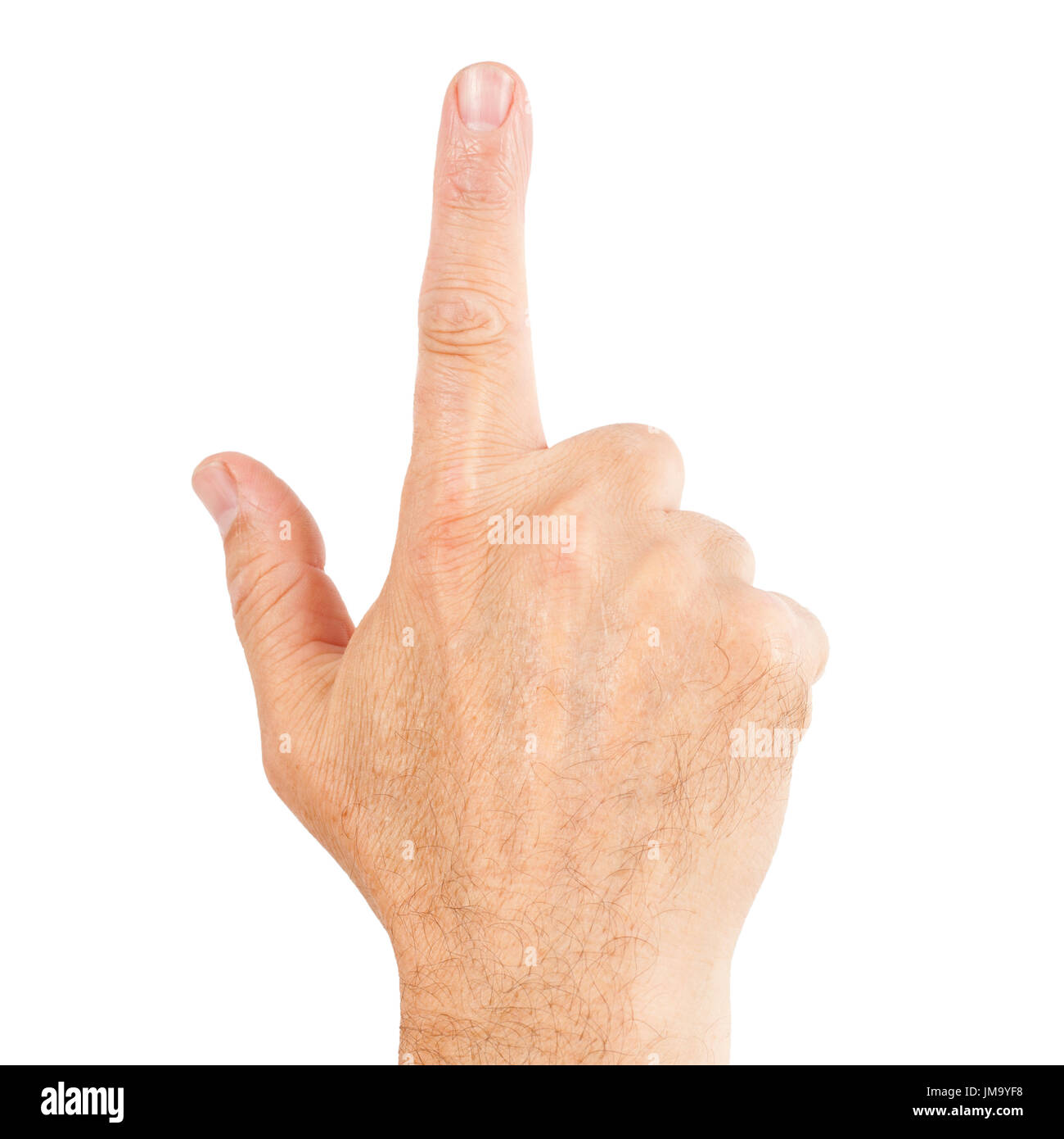 La mano del hombre con el dedo hacia arriba o hacia adelante aislado en blanco. Foto de stock