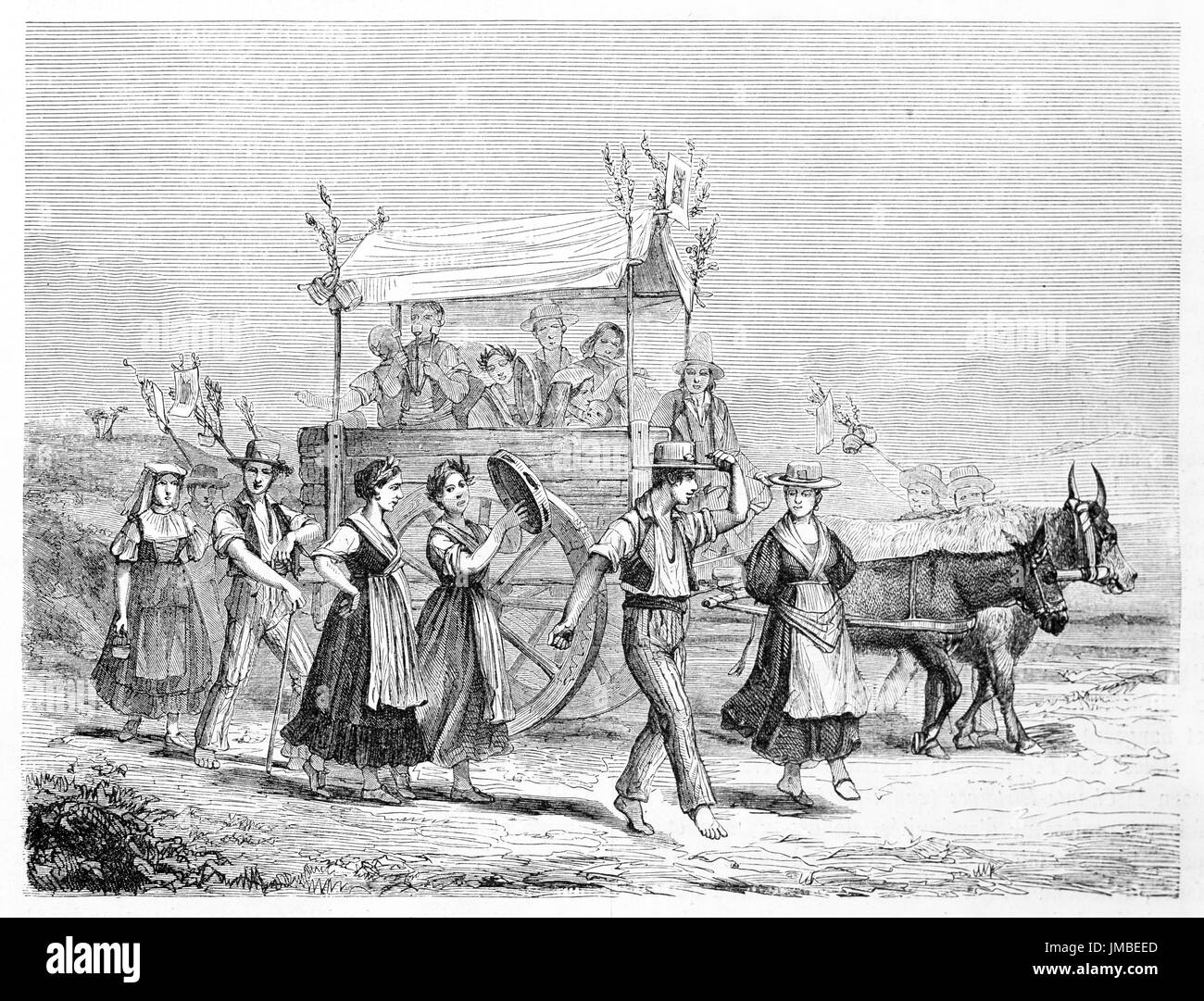 Ilustración antigua del napolitano a la gente que volvía de una fiesta. Creado por Bergue, publicado en Le Tour du Monde, París, 1861 Foto de stock