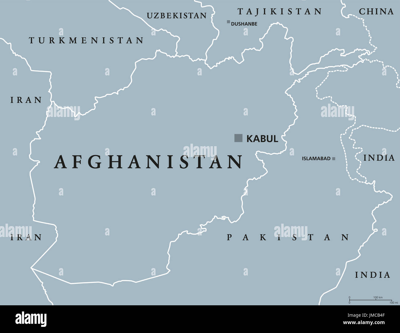 Mapa político de Afganistán con la capital, Kabul, y las fronteras. República Islámica y el país sin litoral en el Asia Central y Meridional. Ilustración de color gris. Foto de stock