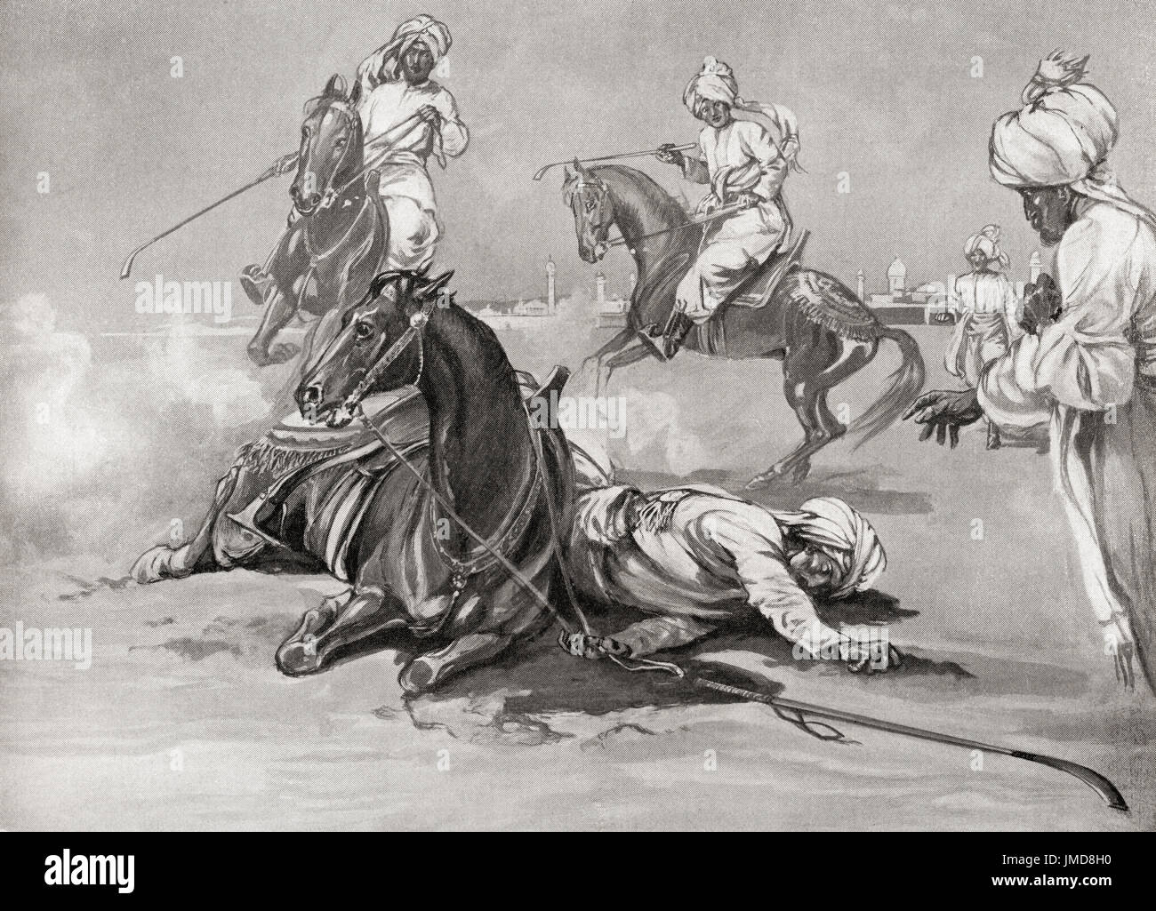 La muerte de al-Dīn Aibak Quṭb como resultado de una caída de su caballo mientras jugaba Chaugan. Quṭb al-Dīn Aibak también se describían Quṭb ud-Dīn Aibak o Qutub ud-Din Aybak, 1150-1210. Fundador de la dinastía mameluca del Sultanato de Delhi. La historia de Hutchinson de las Naciones, publicado en 1915. Foto de stock