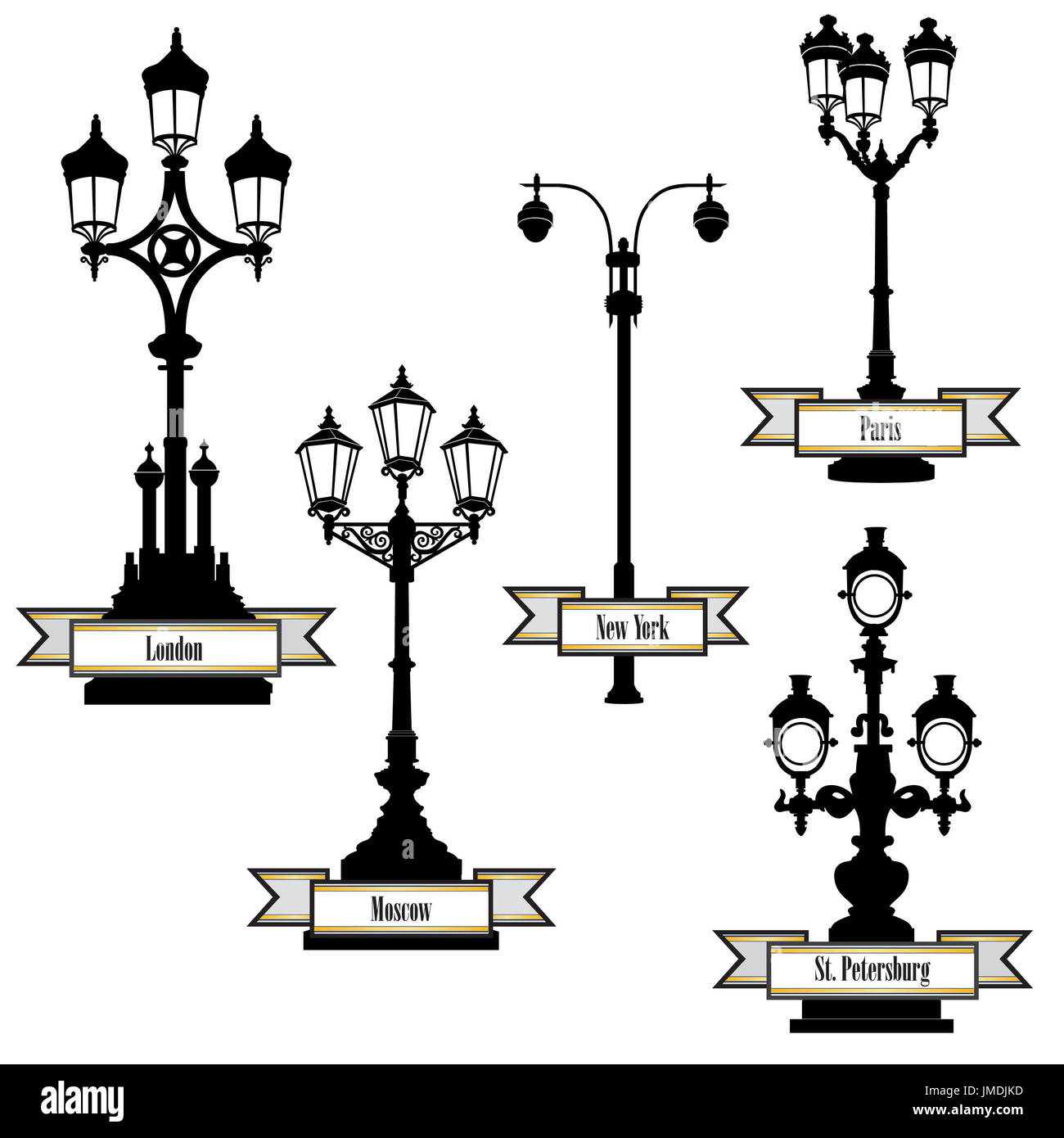 Lámpara de la calle conjunto de Las de la calle de Londres, París, Nueva York, Moscú, San Petersburgo colección Viajar por el mundo conjunto de iconos de stock -