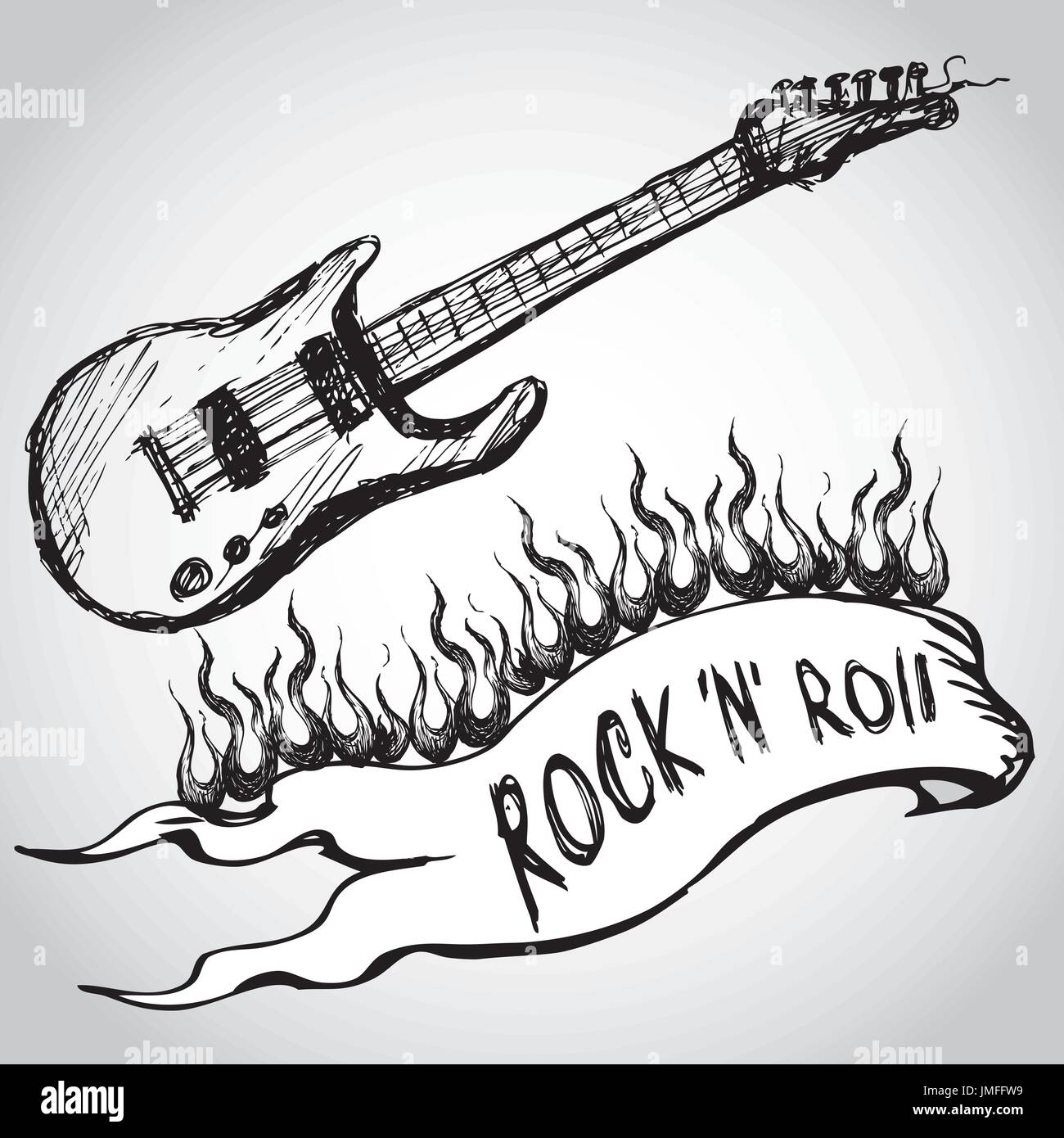 Guitarra, llamas, rock and roll. Vector de dibujo a mano alzada Imagen  Vector de stock - Alamy
