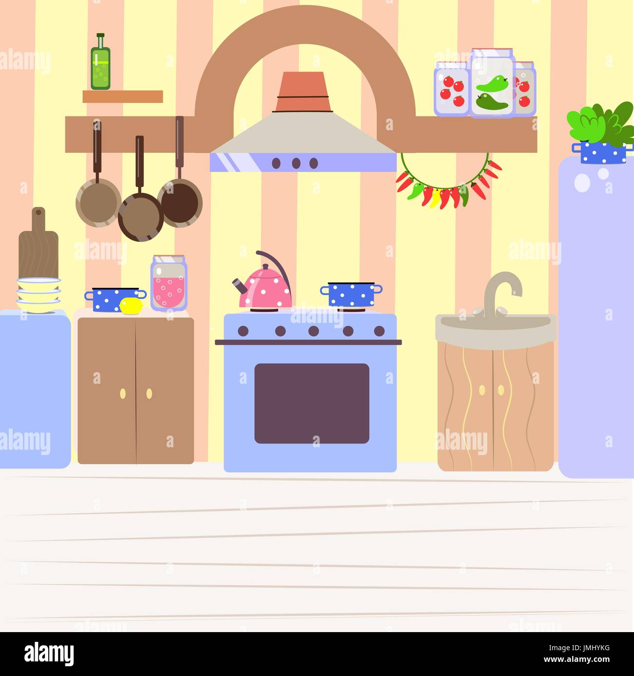 Cute acogedora cocina, plano de fondo interior de dibujos animados Imagen  Vector de stock - Alamy