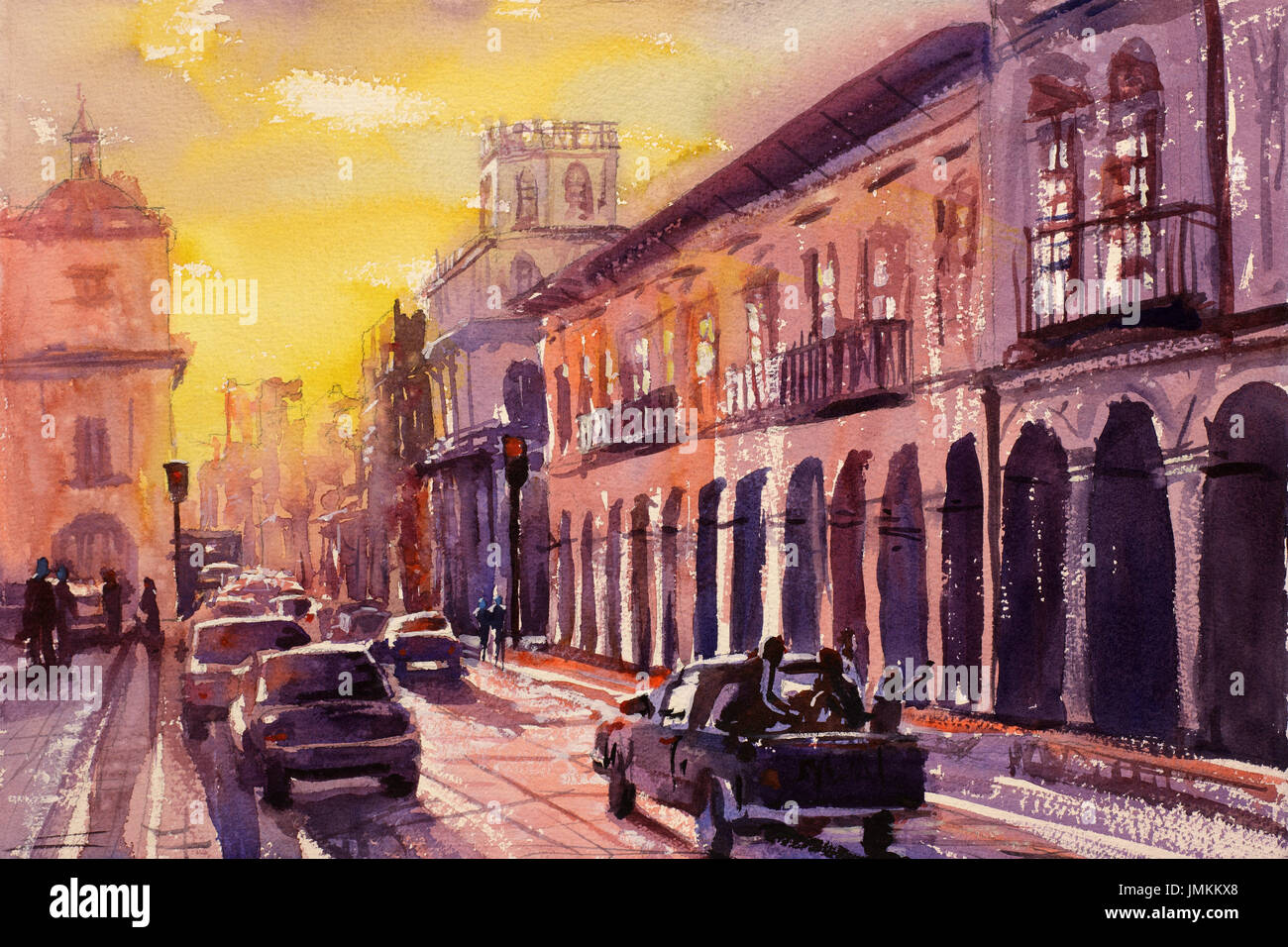 Acuarela de buidlings colonial en el Patrimonio Mundial de la UNESCO, la  ciudad de Cuenca, Ecuador al atardecer. Cuenca Ecuador arte pintura  Fotografía de stock - Alamy