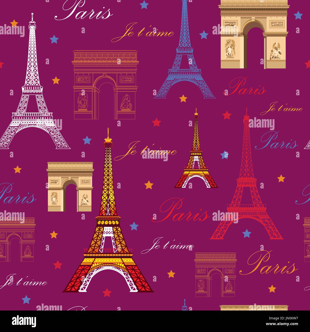 Patrón sin fisuras con monumentos de París (colorida torre Eiffel y el Arco de Triunfo) sobre fondo de color rosa Ilustración del Vector