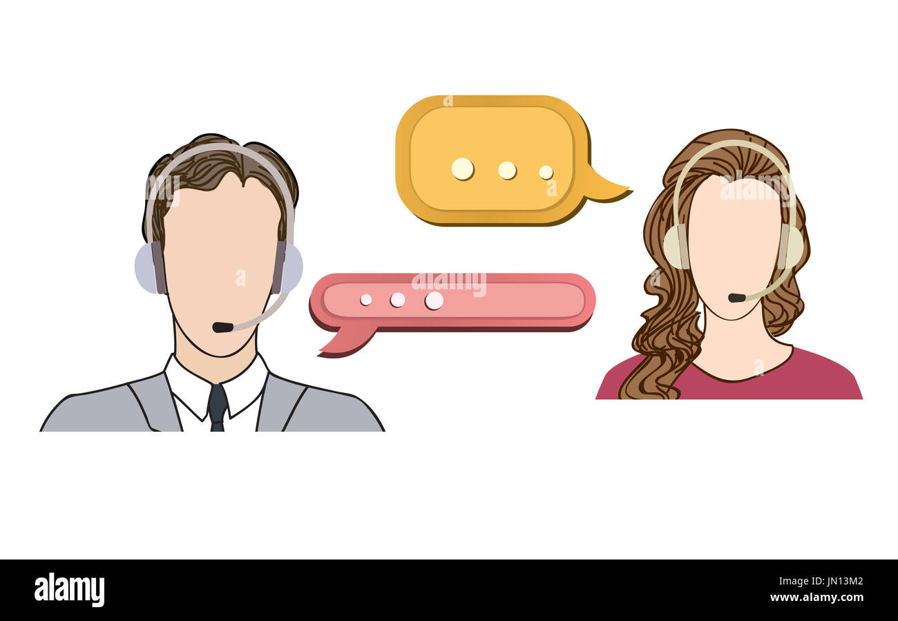 Concepto de centro de llamadas con el hombre y la mujer en los auriculares. Conjunto de iconos vectoriales. Avatar de servicio al cliente. Foto de stock