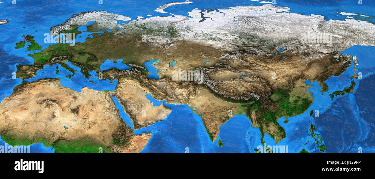 Mapa de Eurasia. Detallada vista de satélite de la Tierra y su topografía, centrada en Europa y Asia. Los elementos de esta imagen proporcionada por la NASA Foto de stock