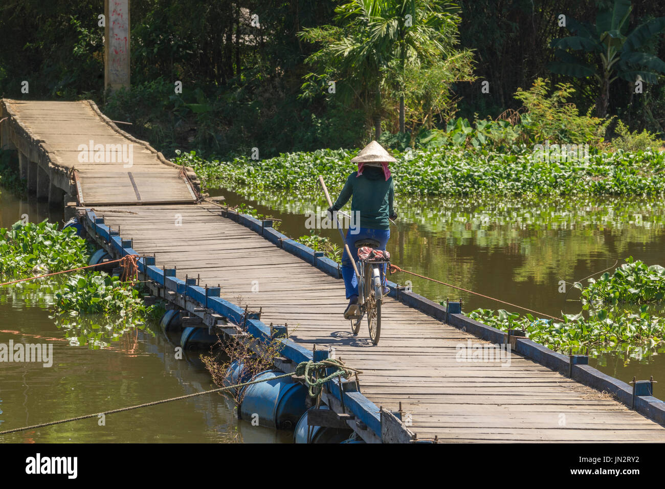 Mujer Vietnamita montando bicicleta sobre un puente de pontones mientras transportaba implementos agrícolas en las zonas rurales de Vietnam Foto de stock