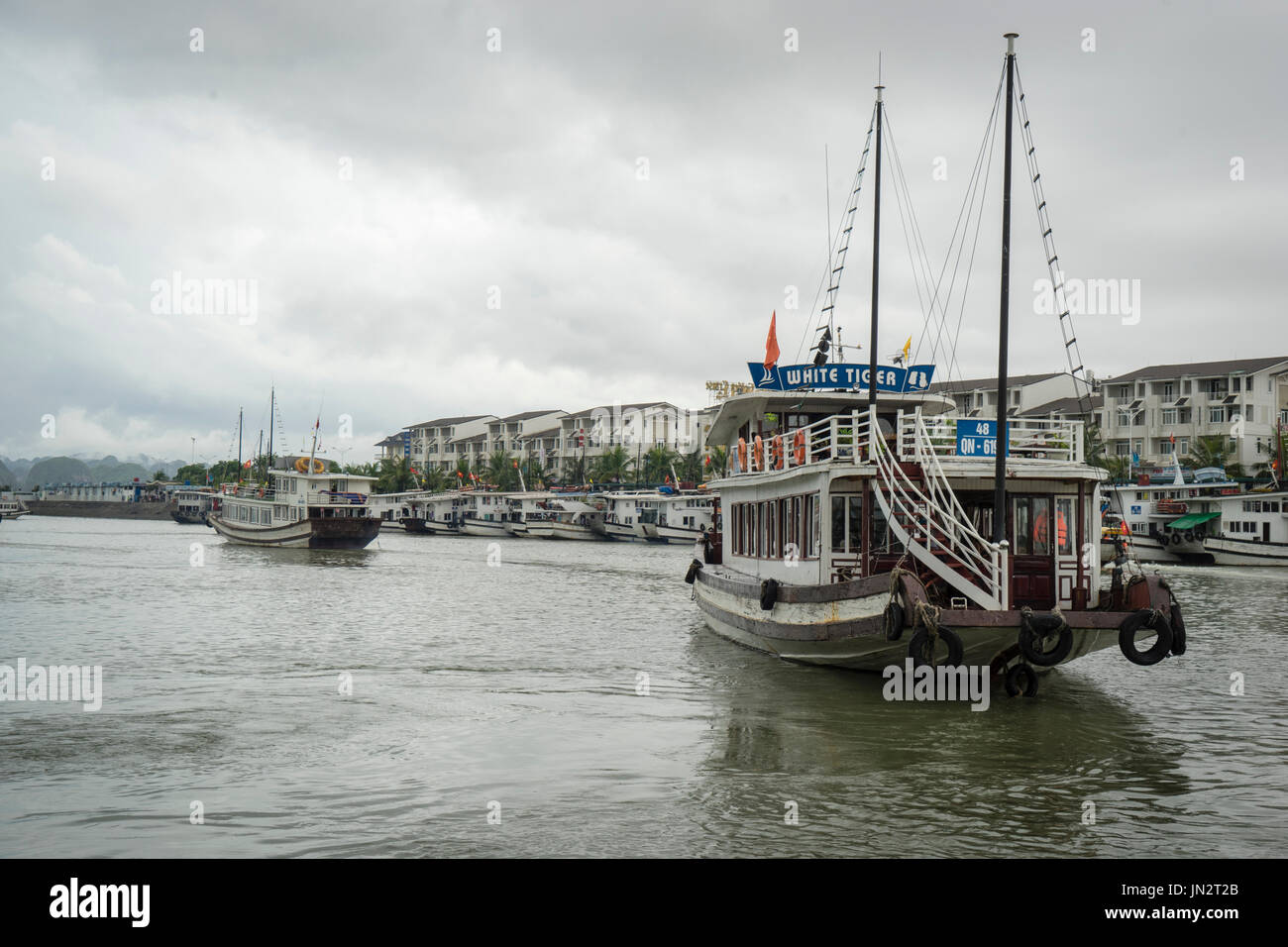 Jumk barcos saliendo del puerto para llevar a los turistas en la bahía de Ha Long en un día nublado Foto de stock
