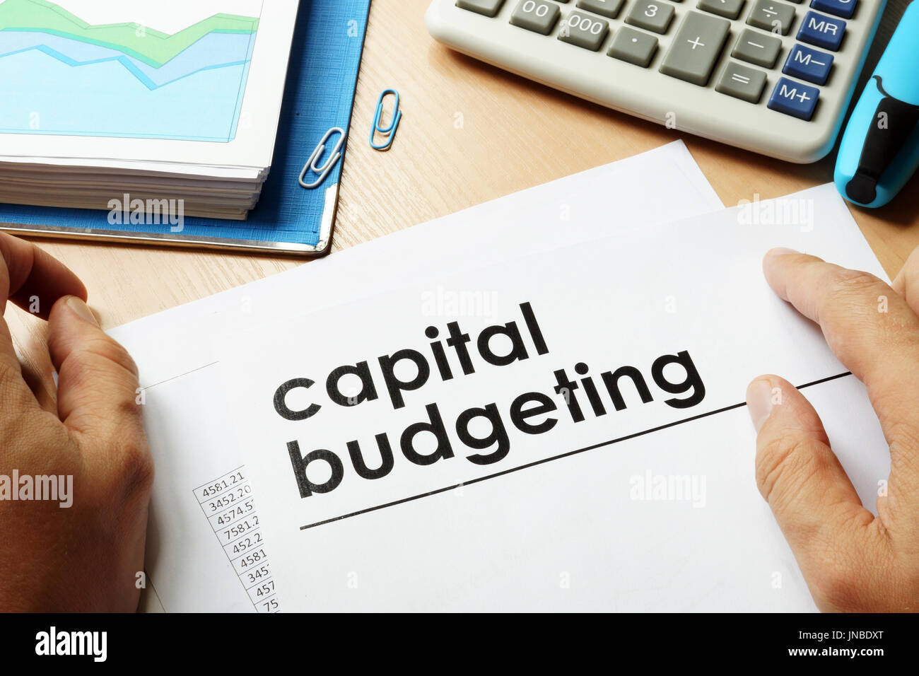 Los papeles con el título la presupuestación de capital. Foto de stock
