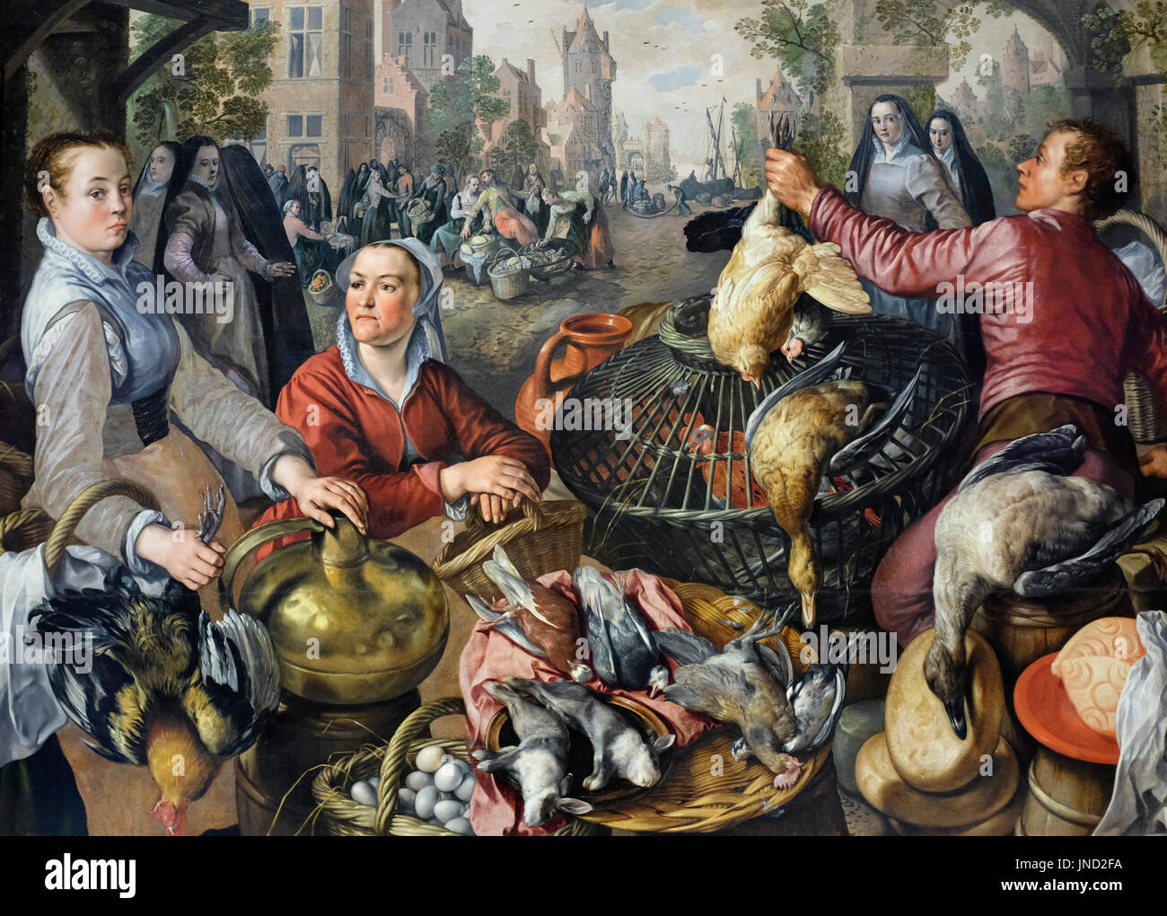 Los cuatro elementos: aire, 1569 Un mercado de aves - Joachim Beuckelaer Foto de stock
