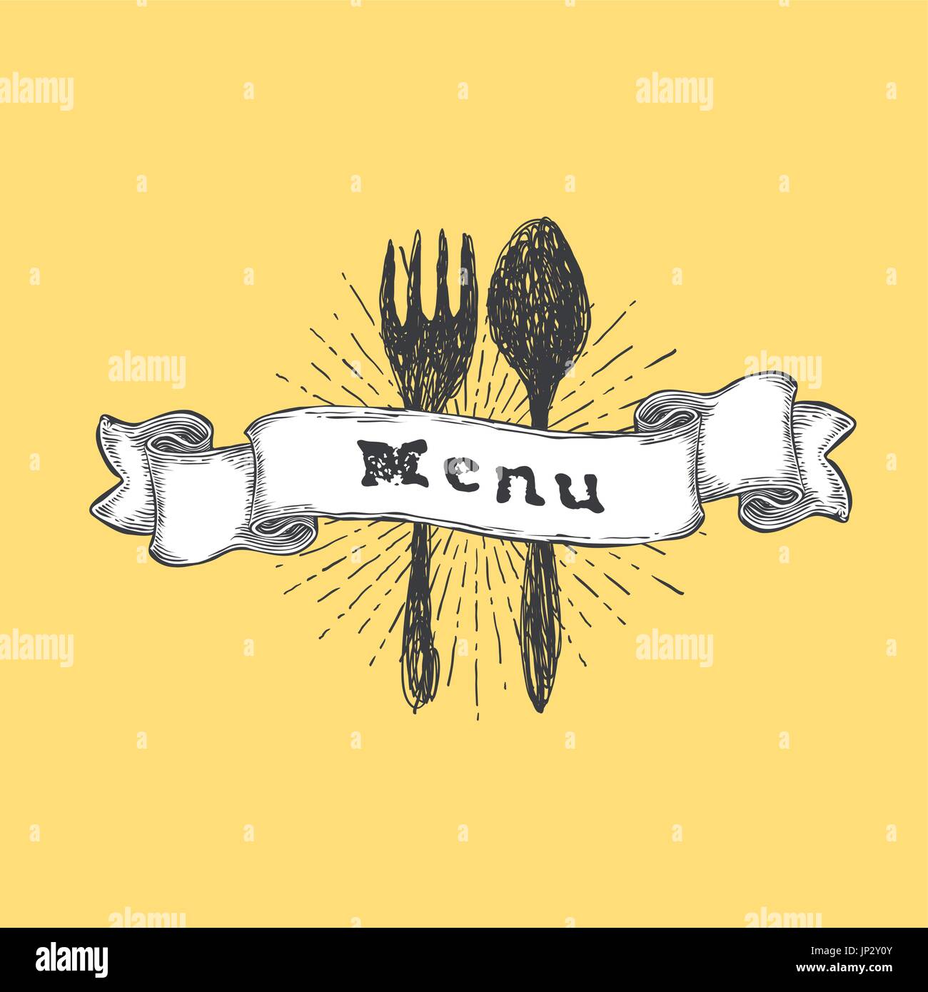 Tenedor y cuchara. Restaurante menú Plantilla. Vintage texto dibujado a mano sobre la cinta de opciones. Ilustración del Vector