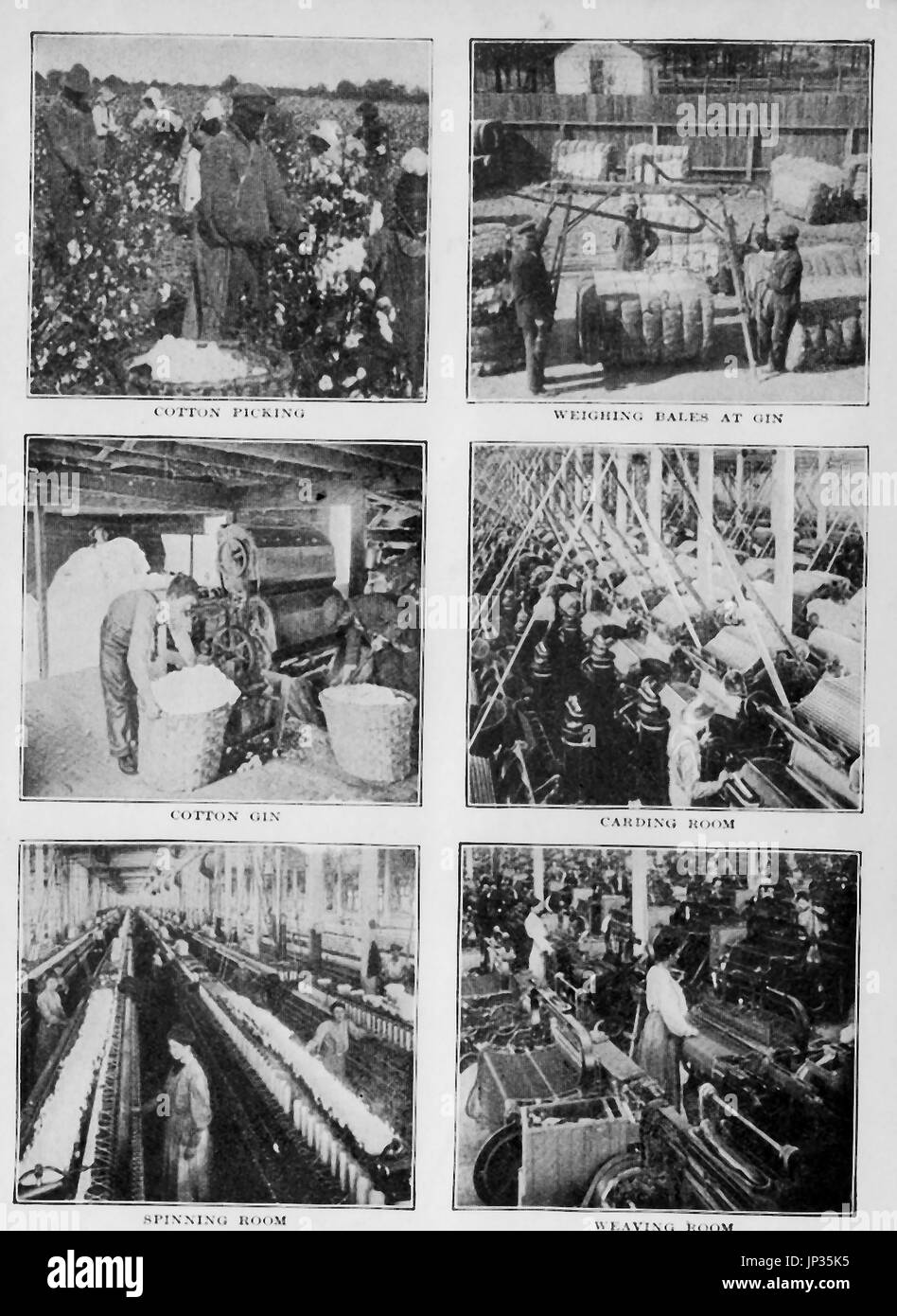 1912 ilustración mostrando diversos procesos recogiendo algodón, producción, tejido, cardado y spinning Foto de stock