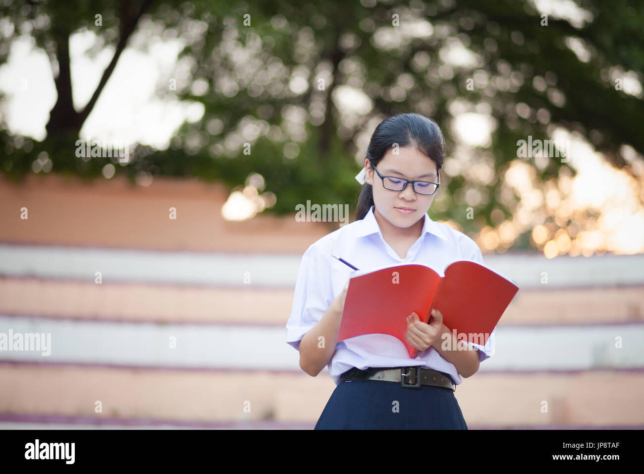 Estudiante tailandés escribiendo en un libro en el parque Foto de stock