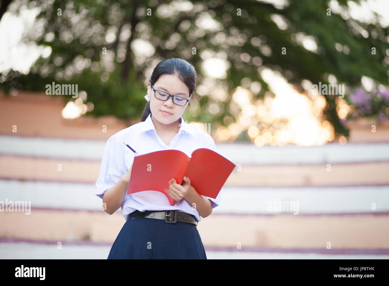 Estudiante tailandés escribiendo en un libro en el parque Foto de stock