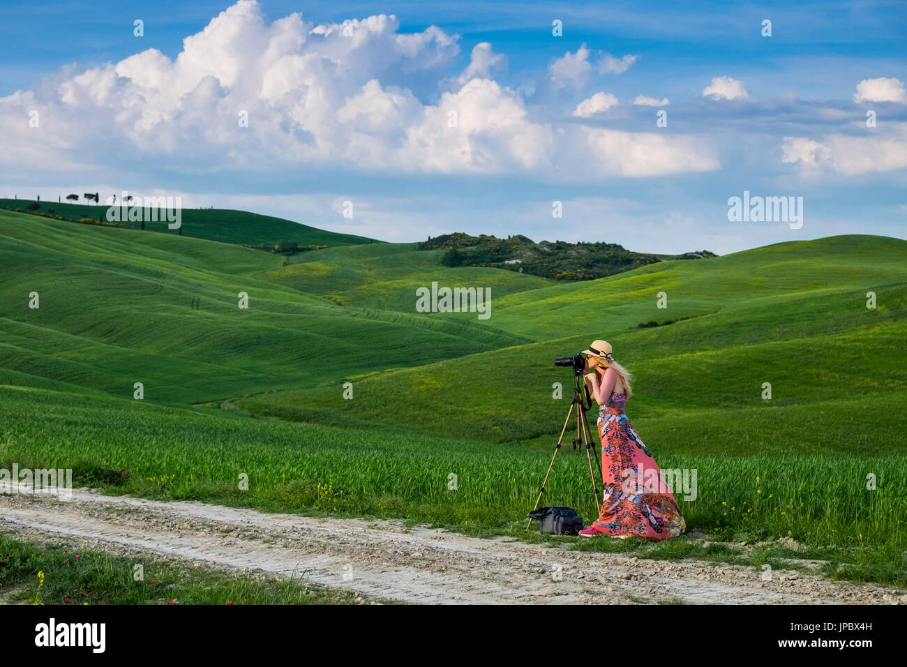 Valle de Orcia, distrito de Siena, Toscana, Italia, Europa. Mujer con sombrero toma fotografías en campos verdes. Foto de stock