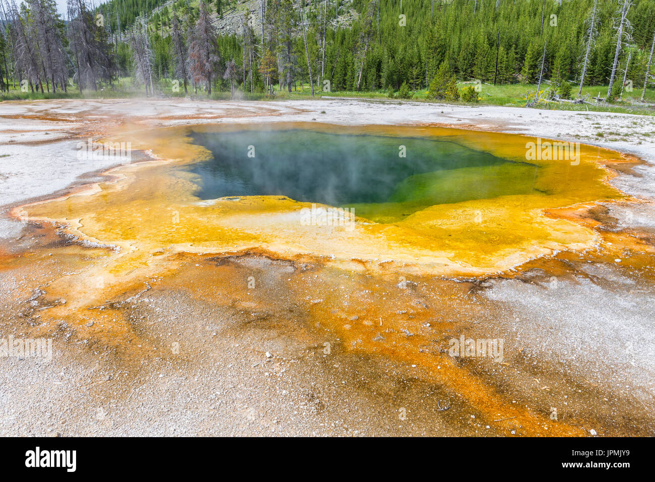 Emerald Pool termas en la cuenca de arena negra en el Parque Nacional Yellowstone, Wyoming. Foto de stock