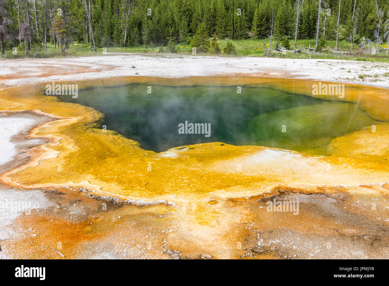 Emerald Pool termas en la cuenca de arena negra en el Parque Nacional Yellowstone, Wyoming. Foto de stock