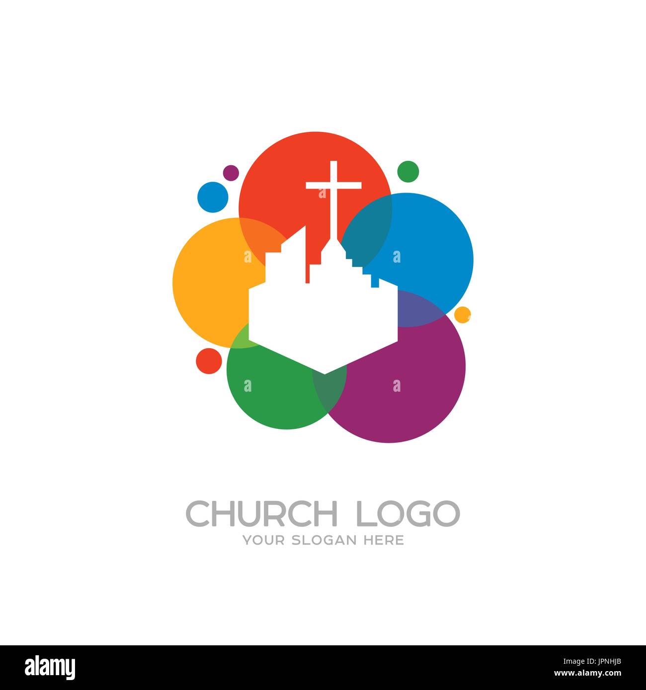 Logotipo de la Iglesia. Símbolos cristianos. La cruz de Jesús y la ciudad Ilustración del Vector