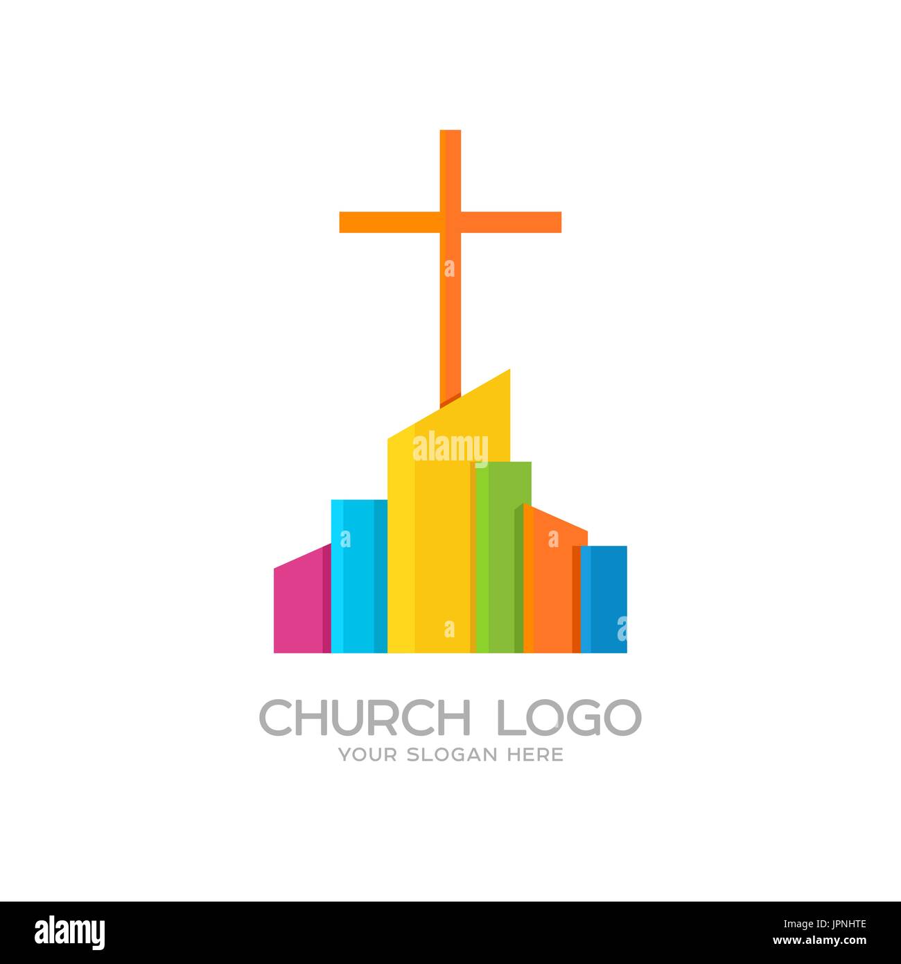 Logotipo de la Iglesia. Símbolos cristianos. La cruz de Jesús y la ciudad de color Ilustración del Vector