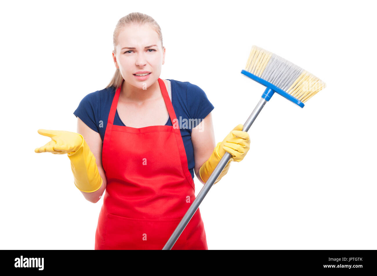 Molesta la señora de la limpieza con escoba no es lo que usted está  diciendo undestrand Fotografía de stock - Alamy