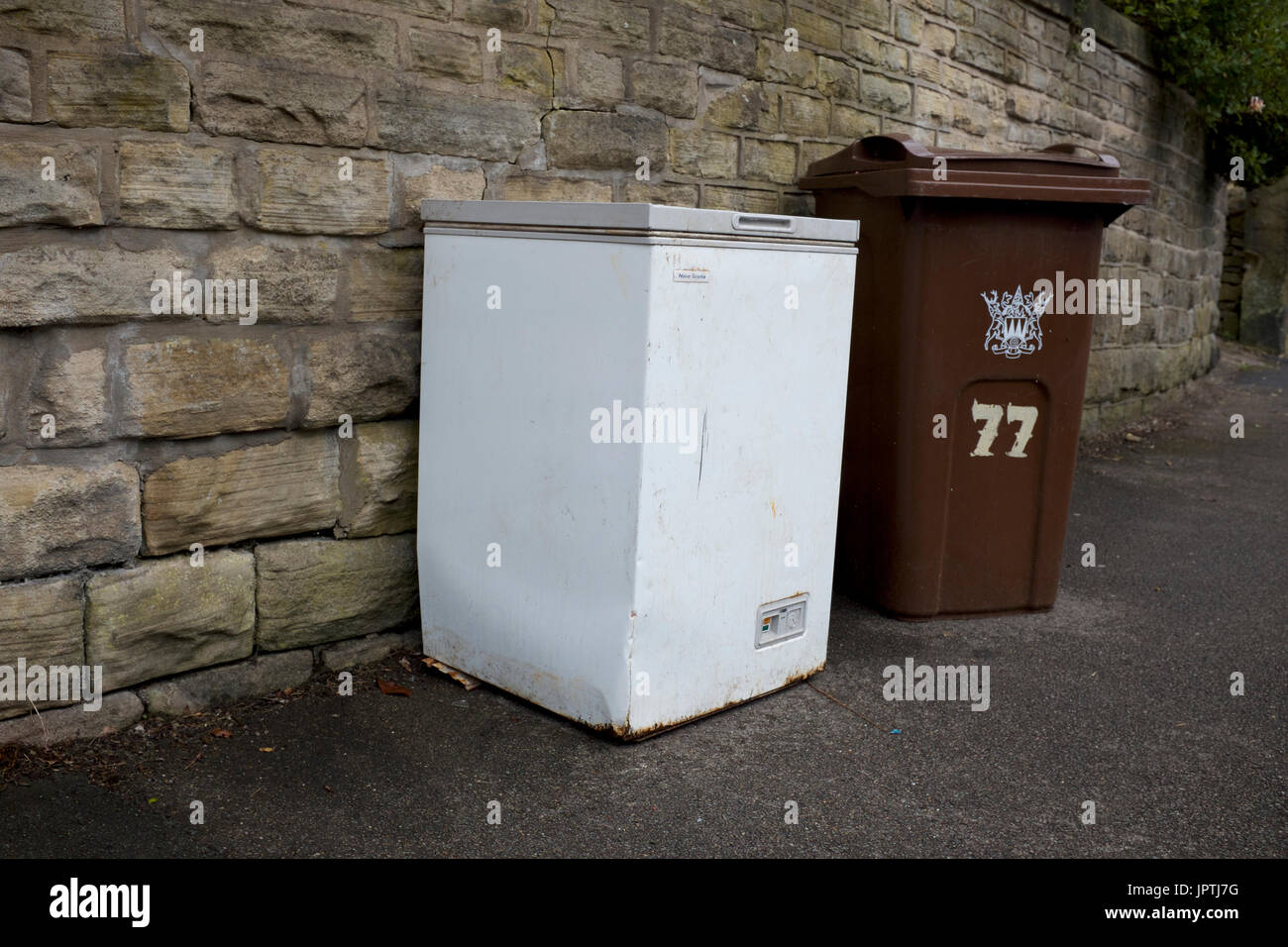 Un aparato doméstico y brown bin que contiene elementos, esperando a ser recogidos para su reciclaje. Foto de stock