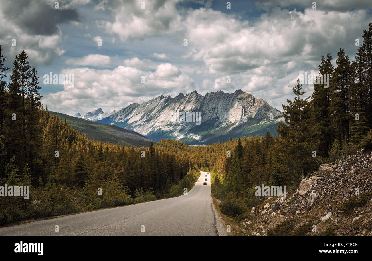 Vista panorámica de la carretera y de los Rockies canadienses sobre la carretera Icefields Parkway. Viaja a través de los Parques Nacionales de Banff y Jasper y ofrece espectaculares vistas de Foto de stock